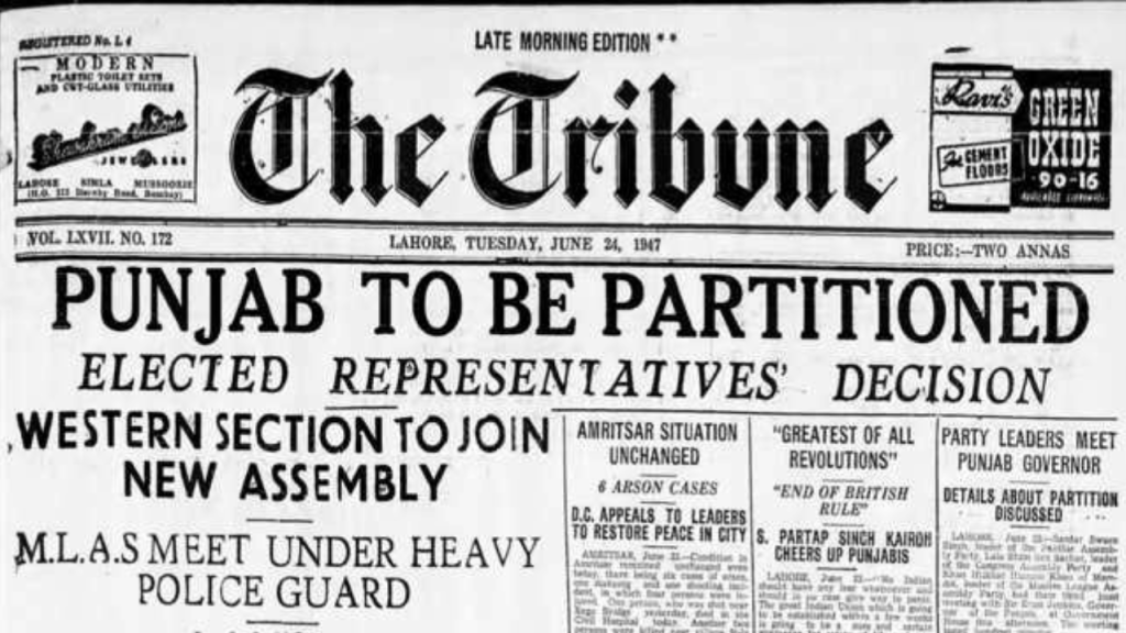 The Tribune's front-page headline on August 15, 1947