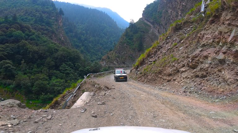 A challenging stretch of road on the way to Kugti Village, highlighting the remote terrain of Kugti Chamba.